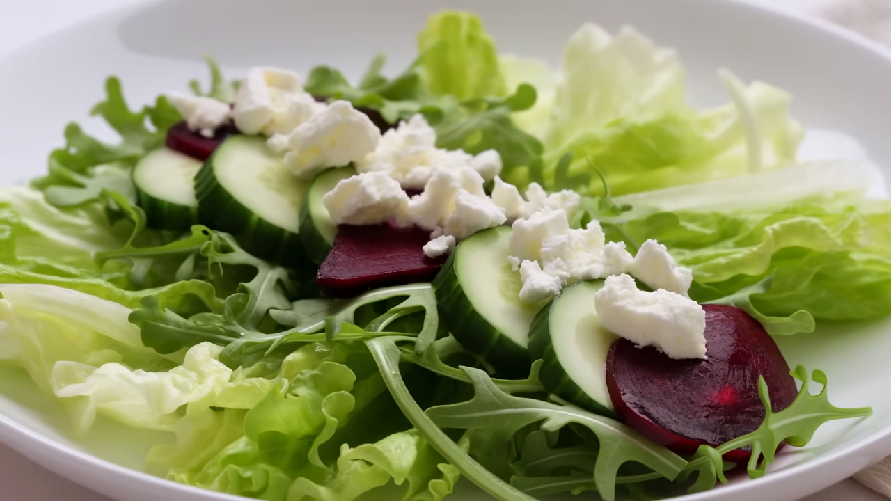 Fresh Green Salad With Cucumber Beet, Crisp Lettuce And Arugula Base Topped With Sliced Cucumber, Roasted Beet