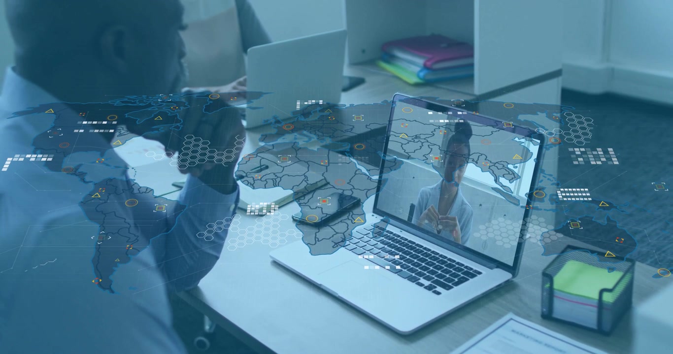 Male manager opening laptop, initiating business meeting, animated map pulsing data nodes