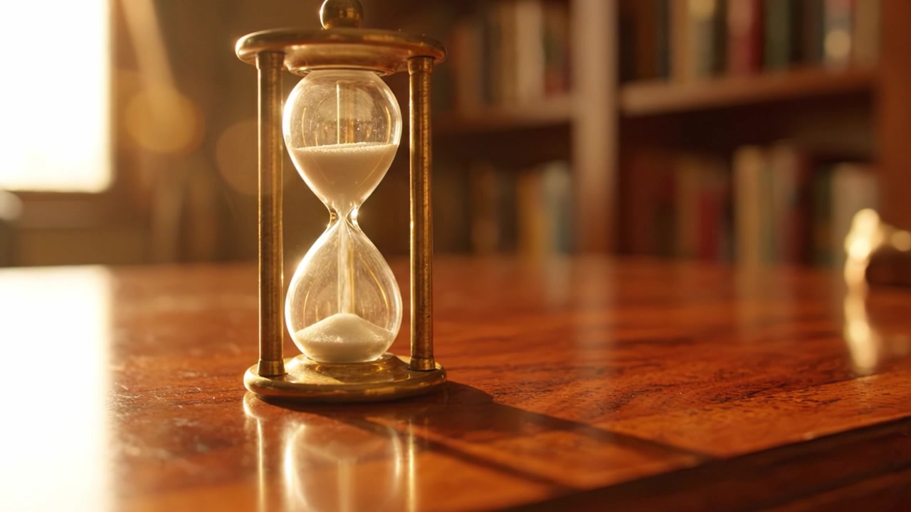 A Beautifully Crafted Hourglass Capturing the Essence of Time on a Glowing Wooden Table Surrounded by a Soft Focus Background of Bookshelves