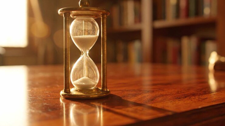 A Beautifully Crafted Hourglass Capturing the Essence of Time on a Glowing Wooden Table Surrounded by a Soft Focus Background of Bookshelves