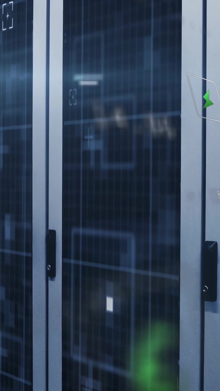 Video verticale: HUD di alimentazione verde che appare sulle porte dei rack in un data center, scansionando lo stato.