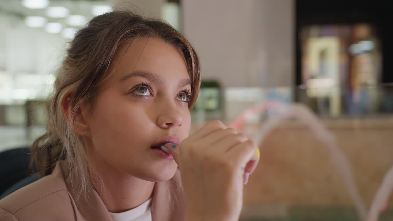 Уход за губами: крупный план губ с успокаивающим средством, расслабленная женщина нежно увлажняет губы, придавая им глянцевый блеск, безмятежная сцена: девушка мягко наносит бальзам для губ на свои сияющие губы