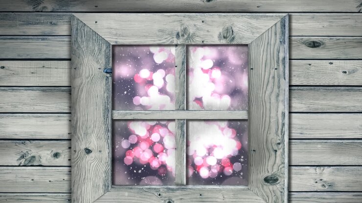 Animation von fallendem Schnee über Weihnachtsbaum in Winterlandschaft, durch Fenster gesehen