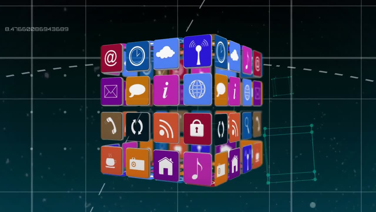iconos en línea y de aplicaciones para las redes sociales en plazas en un fondo futurista