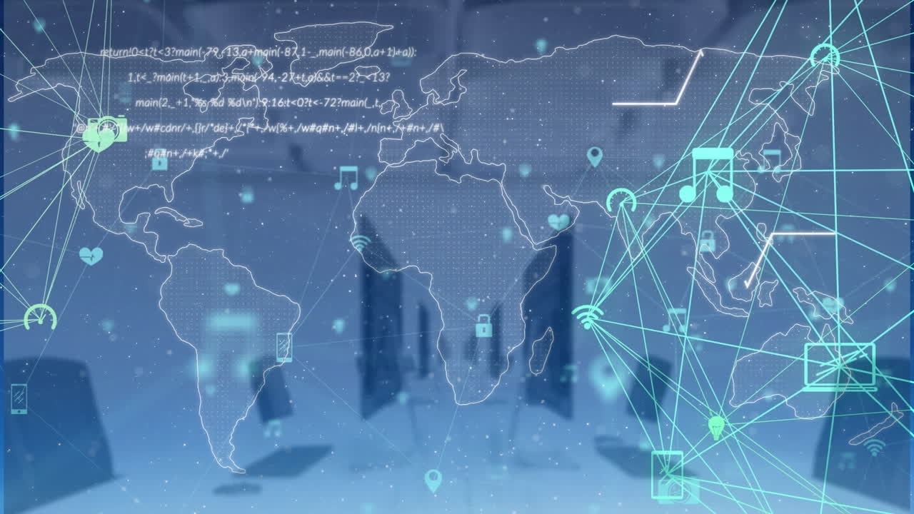 공허한 사무실에 대한 컴퓨터 언어와 지도와 연결된 아이콘의 애니메이션