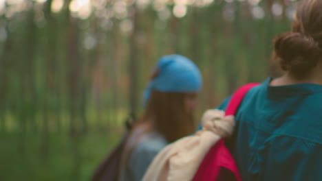 back view of woman in forest wearing teal shirt, hanging red bag with cloth wrap over shoulder, hair tied in bun, walks away with her friend blur in the background featuring greenery