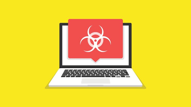 Laptop with virus on the screen. Loop animation. 4K resolution.