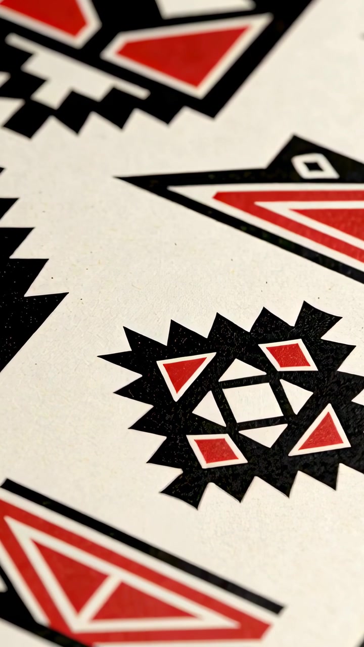 Vertical video: Panning camera over printed page on desk to emphasize hex emblem and triangles