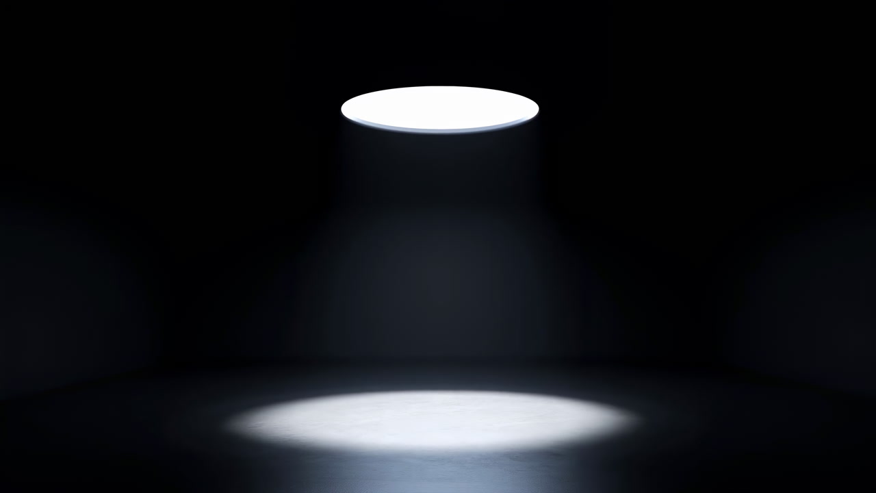 Isolated Spotlight Illuminates Circular Stage Area, Soft Halo Of Light Over Empty Floor, Dramatic Contrast