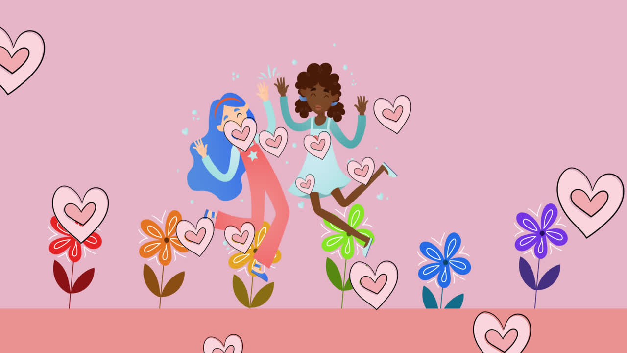 Animación de iconos de corazón sobre iconos de niñas y flores