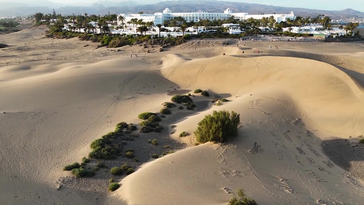 Maspalomas dunes with sparse vegetation and coastal resorts on Gran Canaria, aerial