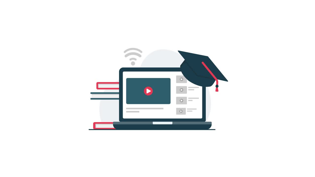 Platform E-Learning di Laptop dengan Buku dan Topi Wisuda