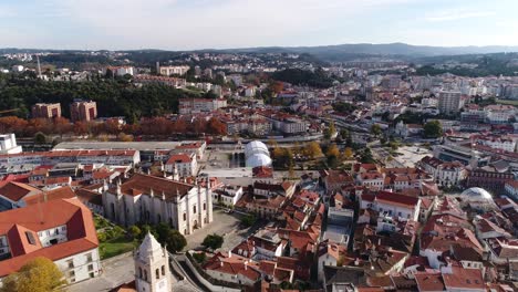 drone flight reveals layout of leiria city, with its castle in center portugal