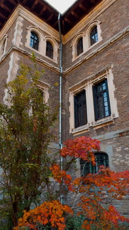 big old-fashioned brick mansion interior. beautiful decor of trees and bushes near the building. vertical video