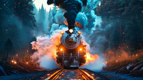 A train is moving down the tracks with smoke and sparks flying out of the front. The train is surrounded by a dark, smoky atmosphere, giving the impression of a fiery, dangerous scene