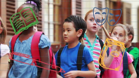 animation of school icons over school children at school