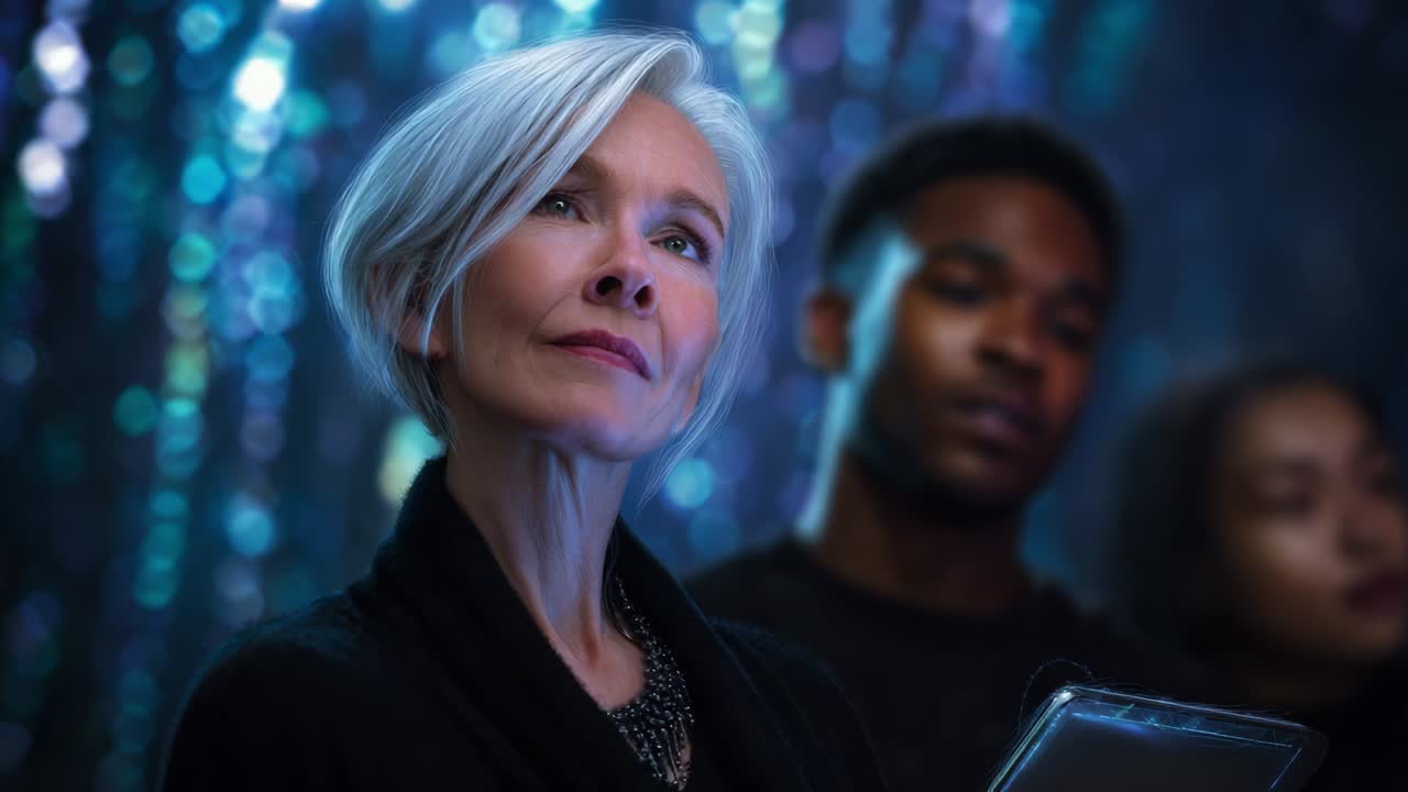 A contemplative woman with striking silver hair and a confident demeanor stands against a backdrop of shimmering lights, capturing the essence of elegance and thoughtfulness in a modern setting