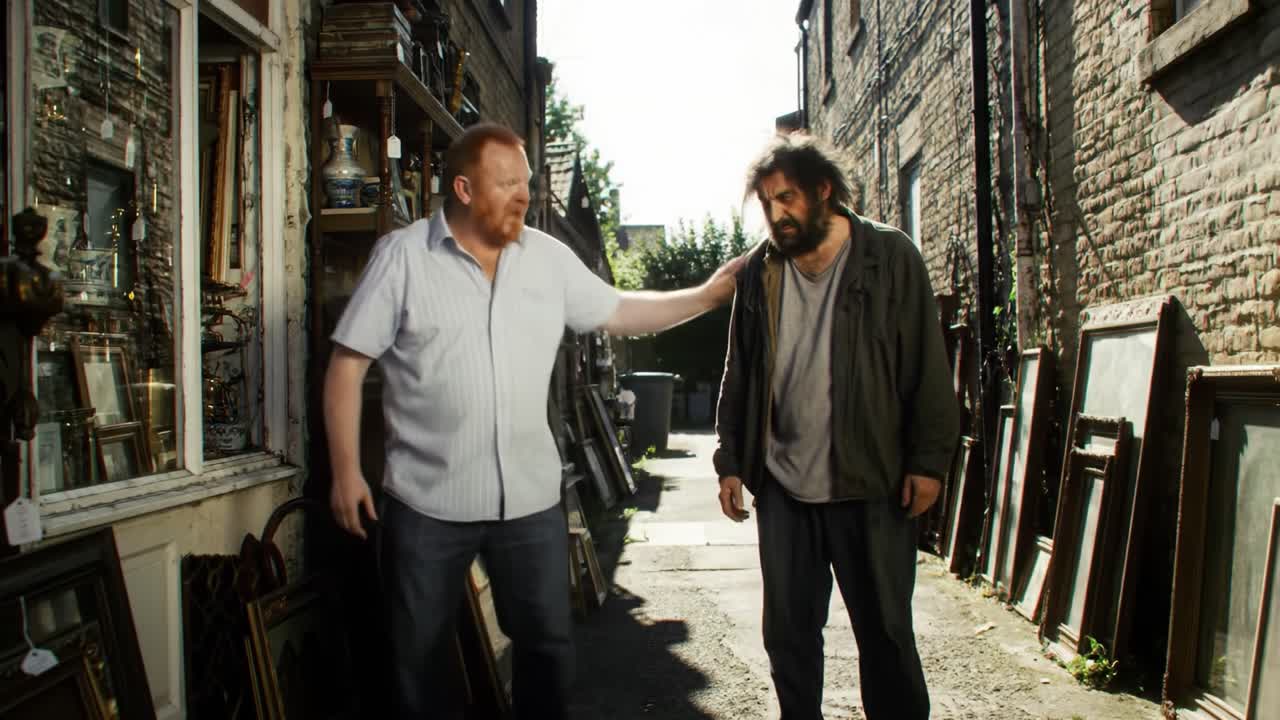 In a narrow alley lined with vintage items and framed artwork, two men engage in a conversation, highlighting their contrasting personalities and surroundings