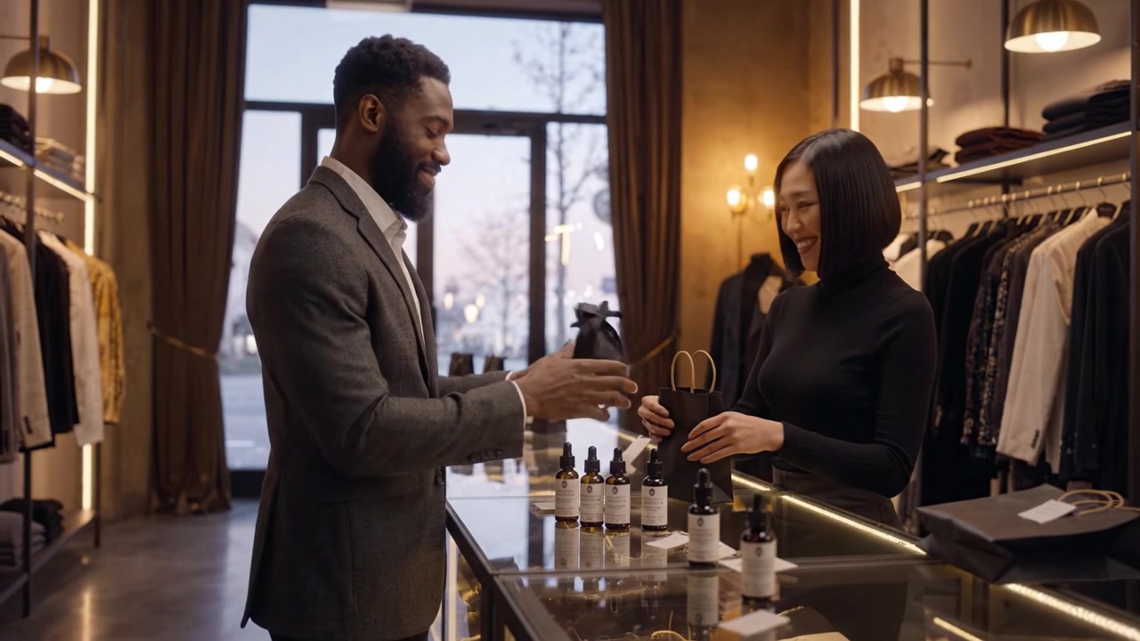 Espaço de varejo elegante apresentando produtos de cuidados com a pele e roupas elegantes em uma atmosfera sofisticada com luz natural e decoração moderna.