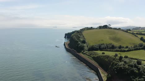 Aerial-View-Of-Coastal-Railway-At-Dawlish-Resort-Town-In-Devon,-England