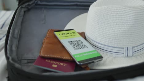 african american senior woman packing covid vaccine passport into suitcase