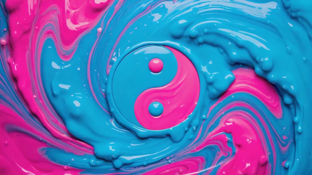 Vibrant Pink and Blue Yin Yang Symbol in Swirling Paint