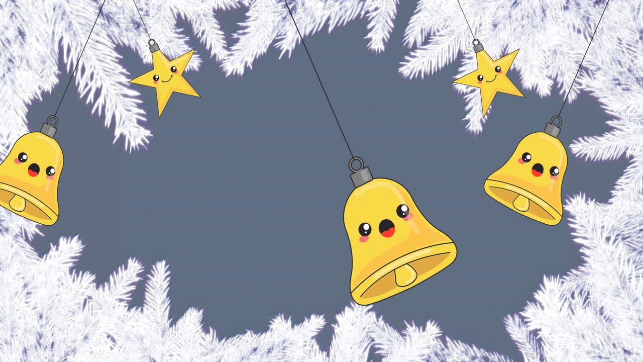 анимация висящих колоколов и звезд над огнями на ветвях деревьев на абстрактном фоне