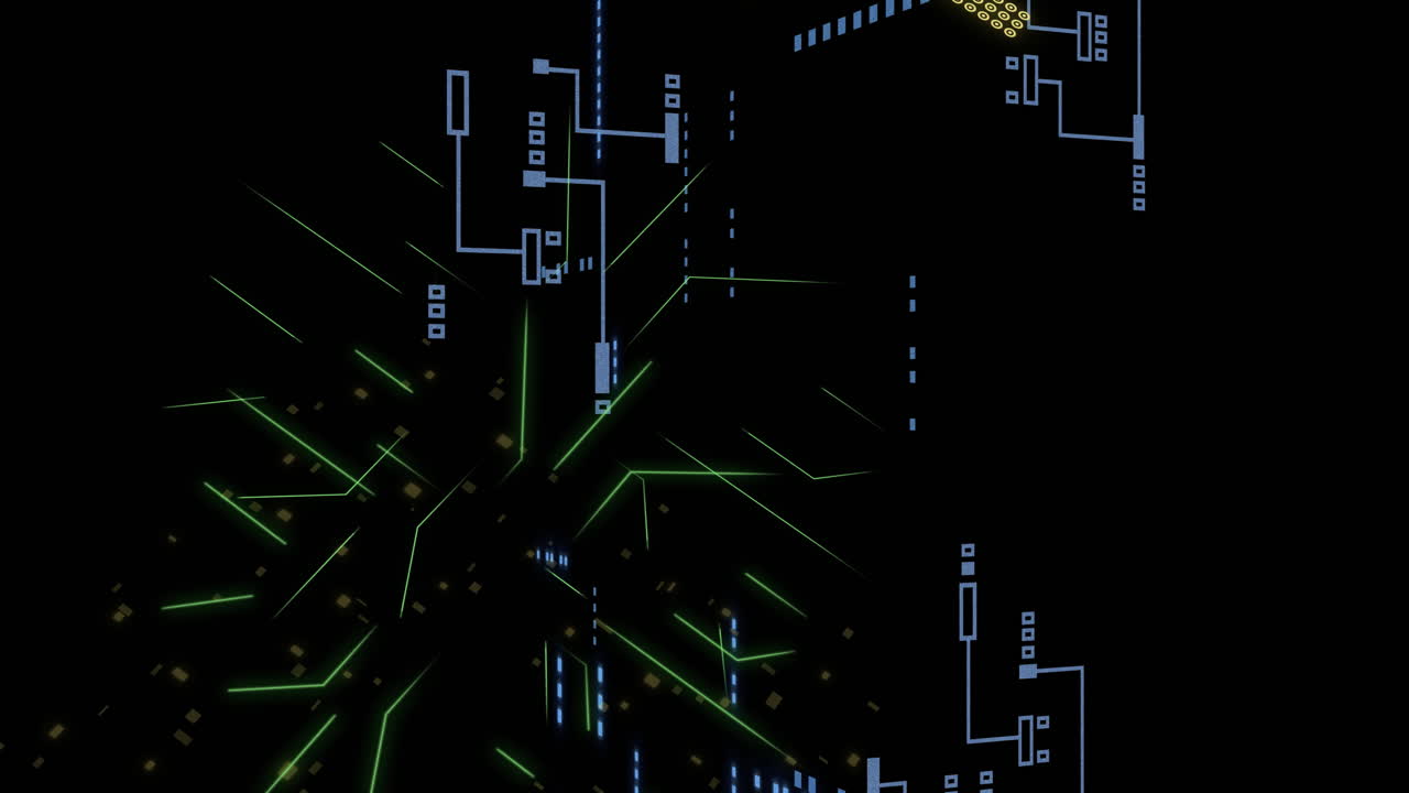 Animation of digital data processing over circuit board on black background