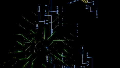 Animation of digital data processing over circuit board on black background