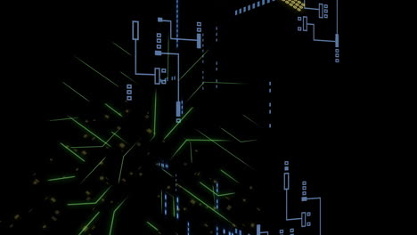 animation of digital data processing over circuit board on black background