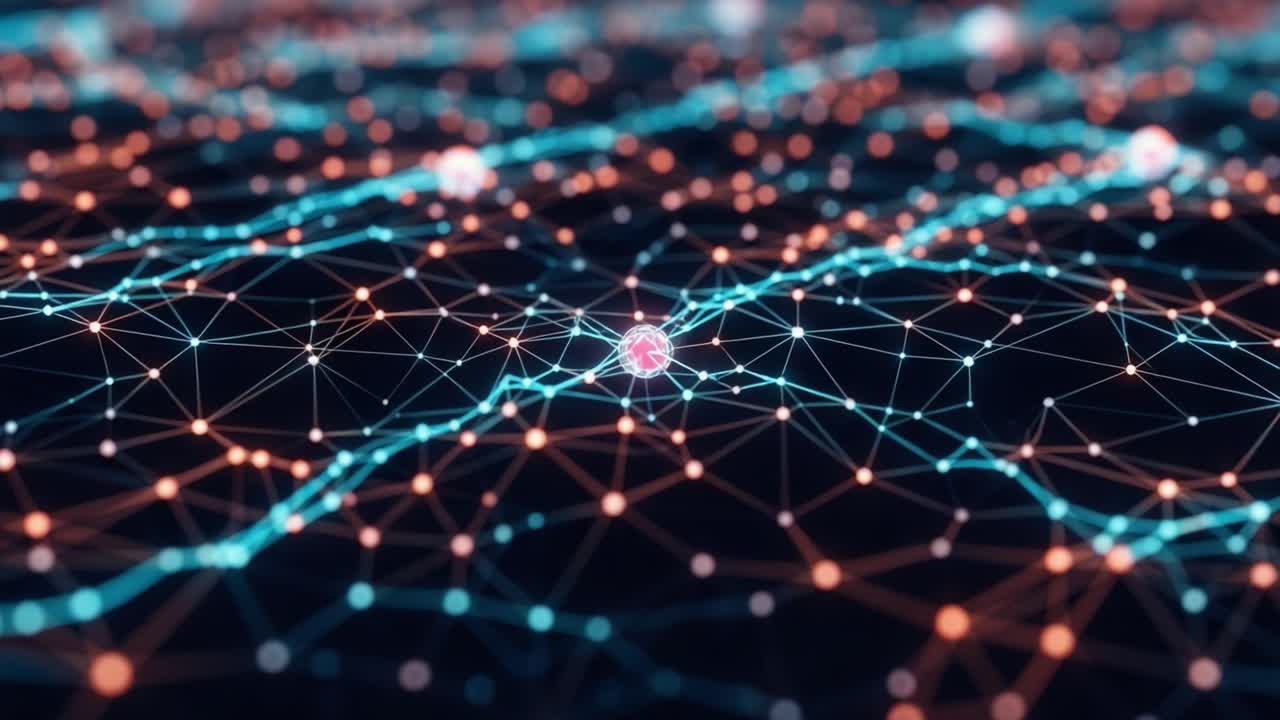 Abstract Visualization of a Dynamic Network with Colorful Nodes and Connections Representing Data Flow, Integration, and Communications in a Digital Environment