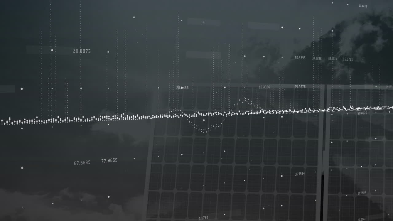Animation of digital data visualization over solar panels under cloudy sky