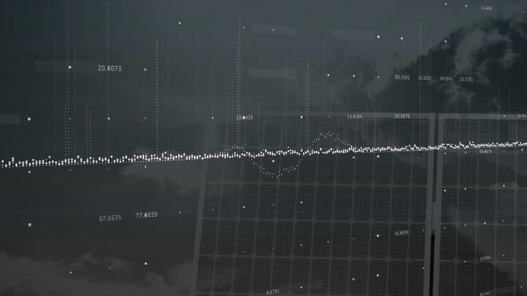 Animation of digital data visualization over solar panels under cloudy sky