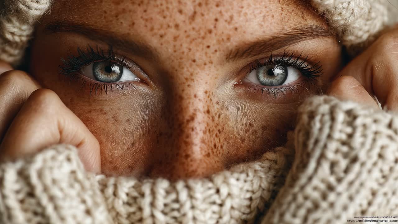 Captivating Close-Up of a Freckled Face and Striking Eyes, Wrapped in Cozy Knitwear, Evoking Warmth and Intimacy in a Comforting Atmosphere