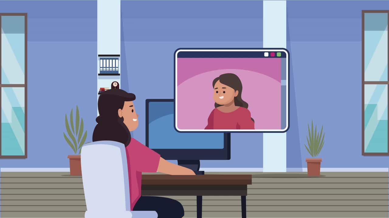 girls communicating with desktop in the office animation