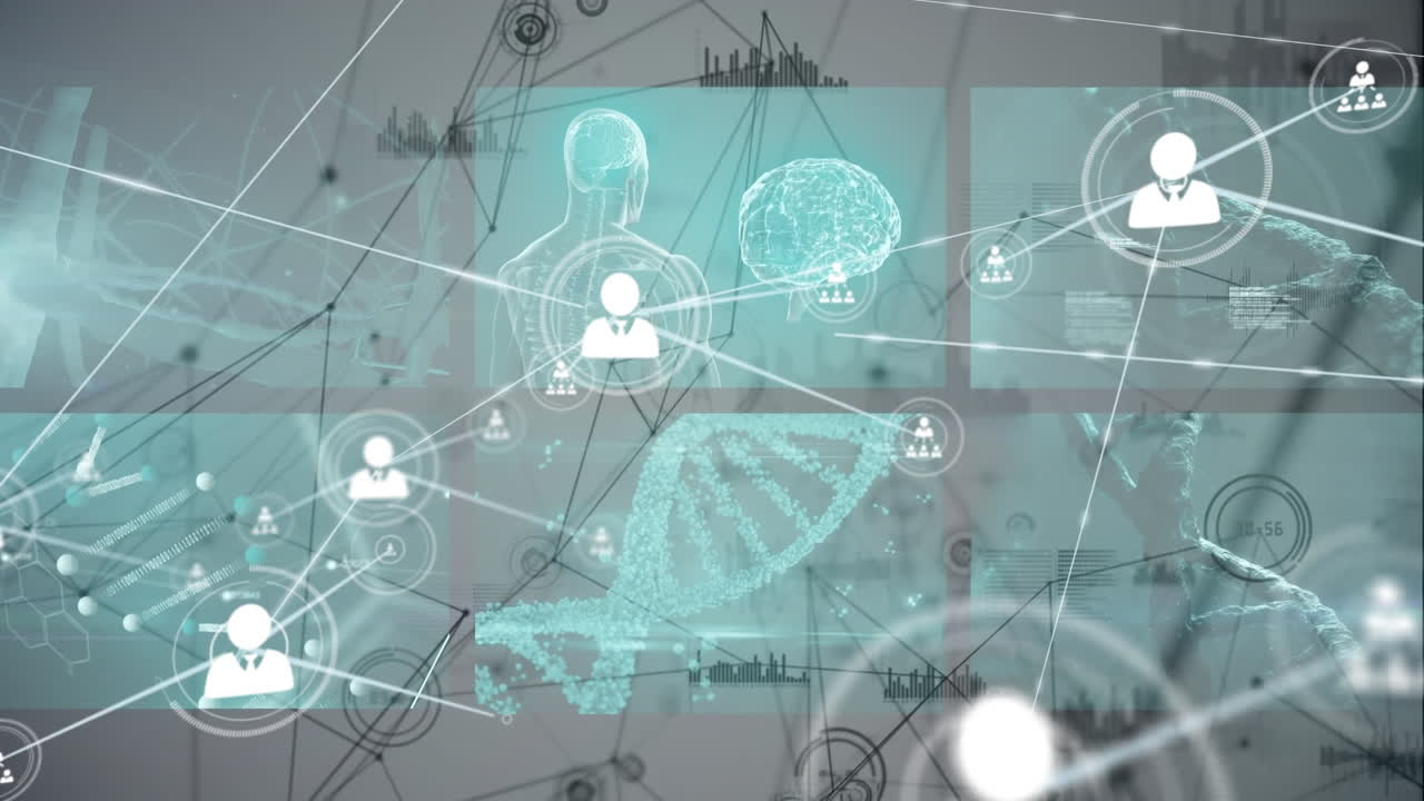 ⁇ 색 배경에 데이터 처리에 대한 아이콘으로 연결 네트워크의 애니메이션