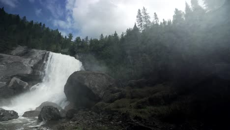 Beautiful-Forest-And-Waterfall-At-Chute-Neigette-In-Quebec---tilted-panning-shot