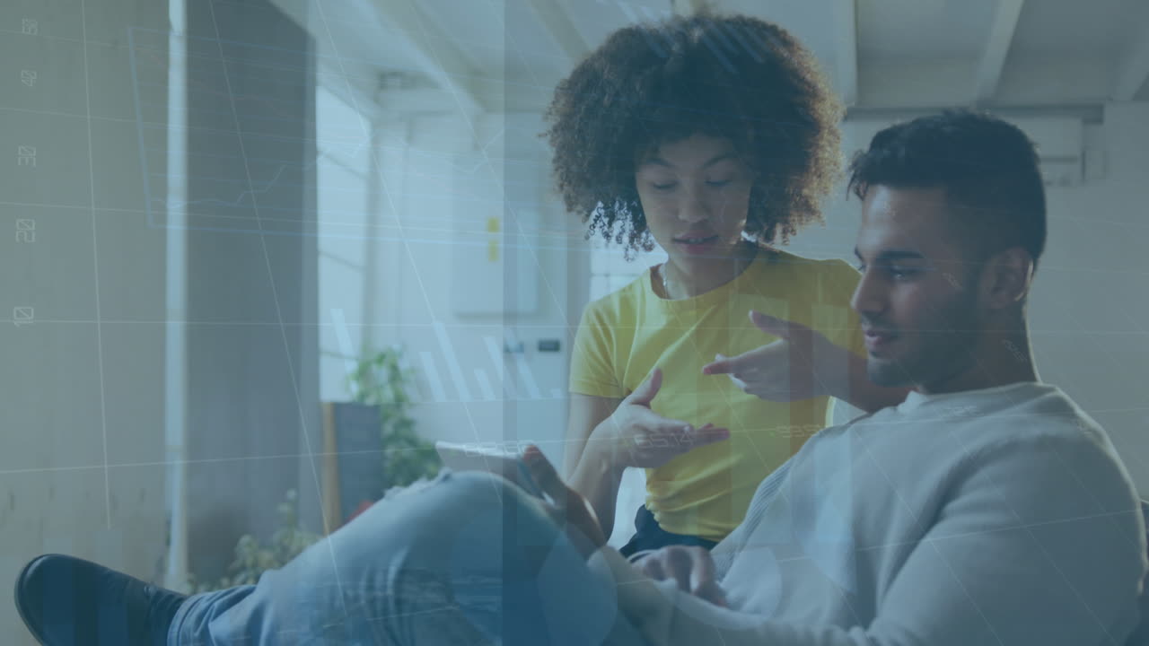 Animation of data processing over diverse business people working in office