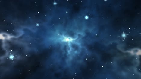 volando a través de la nebulosa espacial de orión y las estrellas del cielo nocturno viajando a través del campo estelar de partículas en