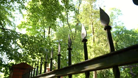 Garden-behind-an-iron-fence-with-sharp-pointed-spikes