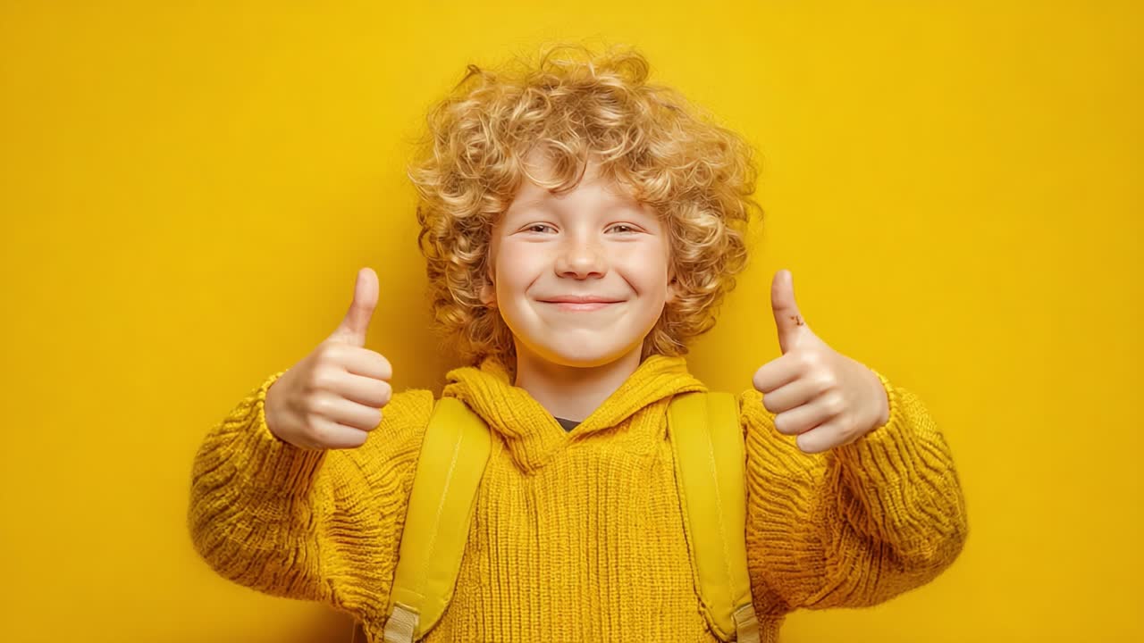 A Bright and Cheerful Child with Curly Hair, Smiling Joyfully and Giving Two Thumbs Up Against a Vibrant Yellow Background