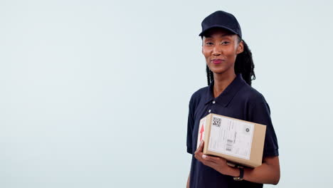 happy black woman, box and pointing for delivery