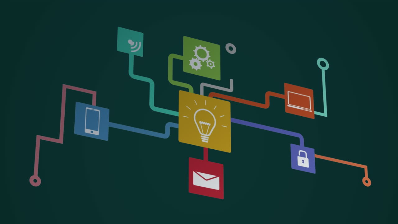 Animation of colorful flowchart with computer icons against black background