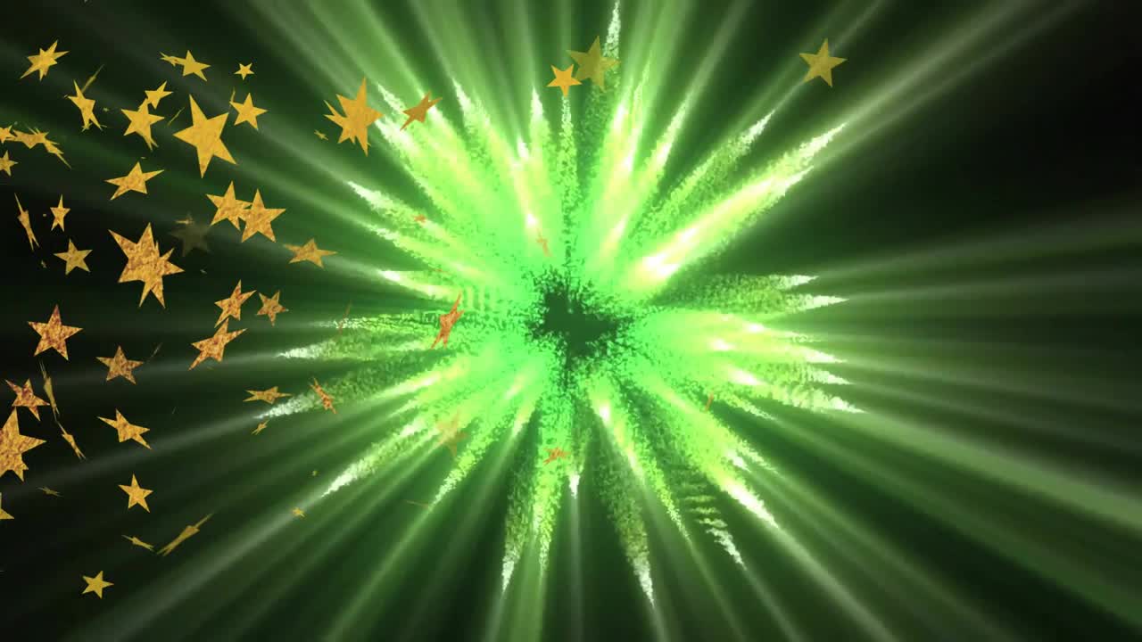 Dark backdrop starting starburst shifting hues for boosting glow as golden stars spiraling inward