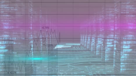 animación del procesamiento de datos financieros en servidores informáticos brillantes