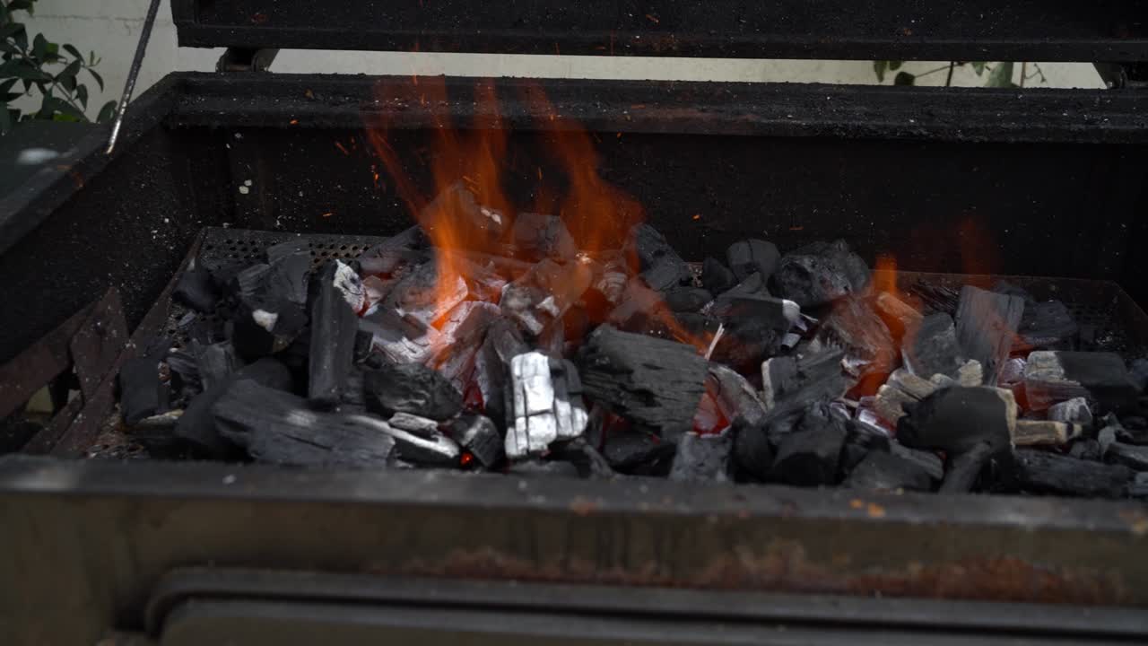 정원 집의 요리 된 그릴 바베큐에 불과 함께 산란한 불꽃의 조각