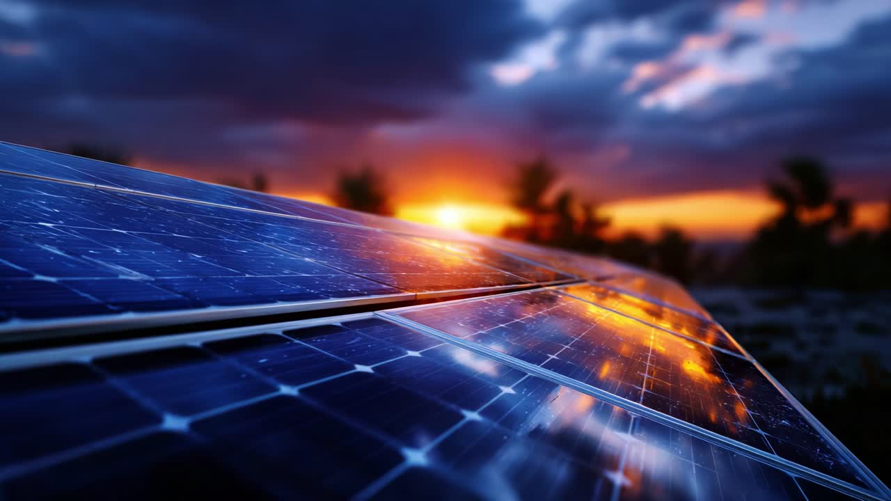 Betagende udsigt over solpaneler fanget ved solnedgang, der viser fantastiske refleksioner og en levende himmel og fremhæver skønheden og potentialet i vedvarende energi