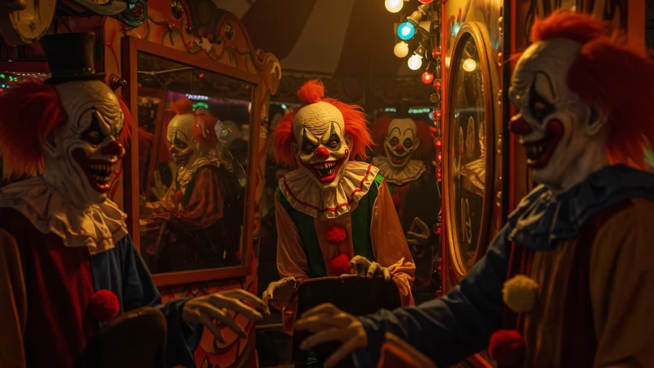 In a mesmerizing carnival scene, humorously macabre clowns gather under vivid lights, reflecting in mirrors, creating a playful yet eerie atmosphere that captivates the viewer
