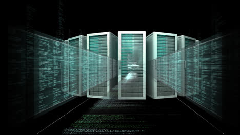 Animación-De-Un-Túnel-Hecho-De-Procesamiento-De-Datos-Sobre-Cajas-De-Servidores-Sobre-Fondo-Negro.