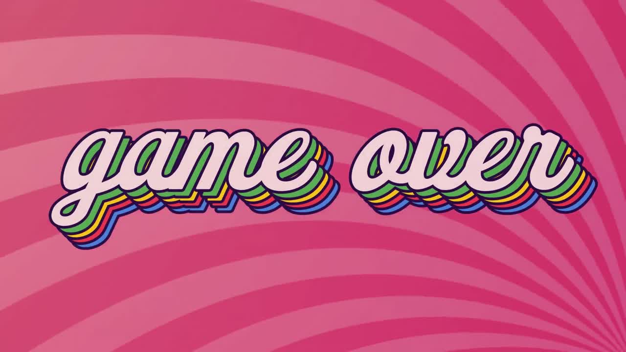 핑크색 방사선 배경에 무지개 그림자 효과와 함께 텍스트 위에 게임의 디지털 애니메이션